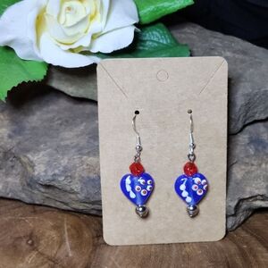 Hand Crafted Blue and Red Heart Dangle Hook Earrings